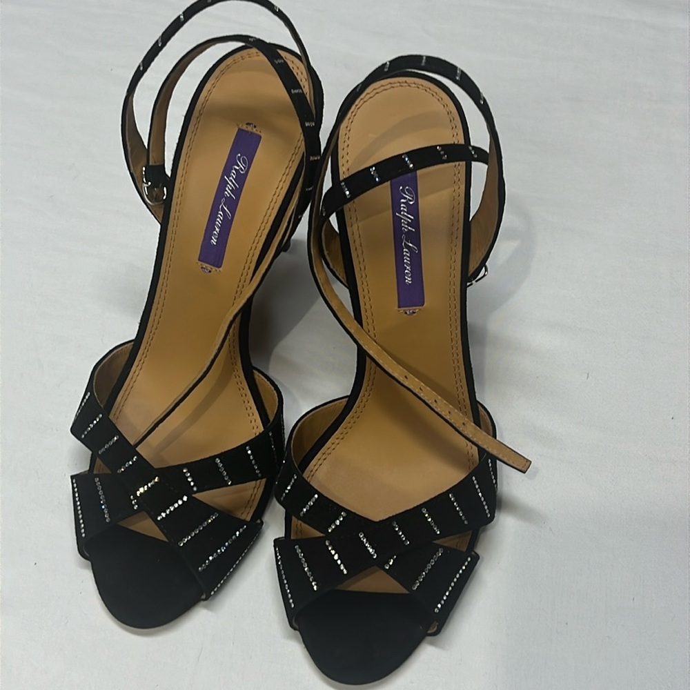 Ralph Lauren purple label Kidsuede-Crystals Embellished Goat-Suede Sandal heels.
